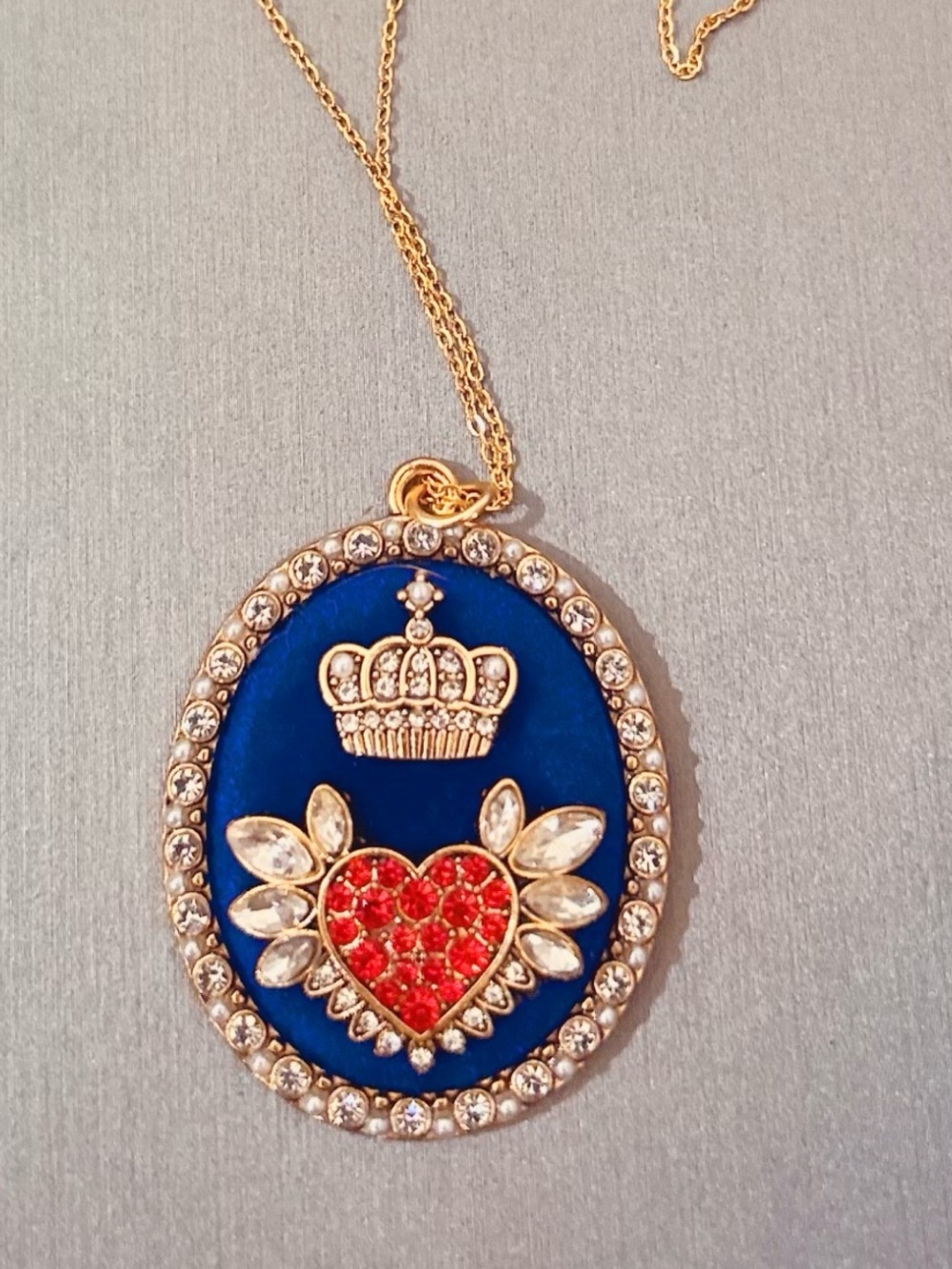 Gold Blue Felt Pendant 18 “ Necklace with Red Wing Heart and Crown